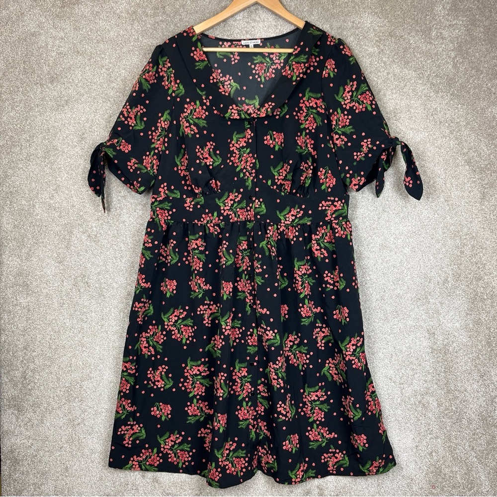Lace & Mesh Dress Womens 1X Black Floral Short Sleeve Button Front V Neck- 1331*